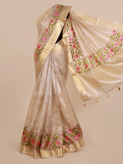 

Pothys Cream-Coloured Embroidered Polycotton Saree