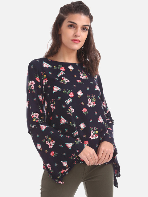 

Sugr Women Navy Blue & Pink Floral Printed Top