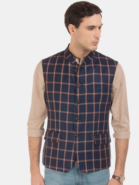 

Arrow Navy Blue Checked Regular Fit Pure Linen Nehru Jacket