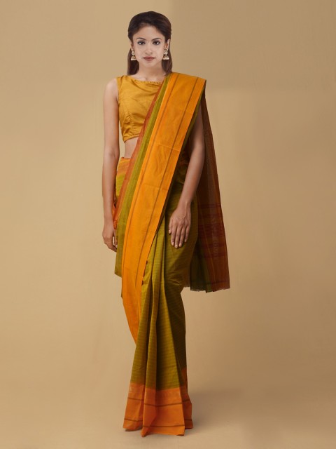 

Unnati Silks Olive Green Solid Handcrafted Pure Cotton Saree