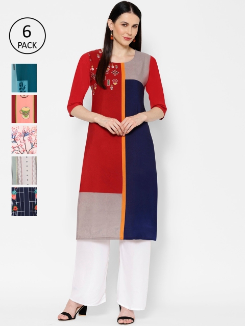 

7Threads Women Pack Of 6 Multicoloured Printed Straight Kurtas, Multi