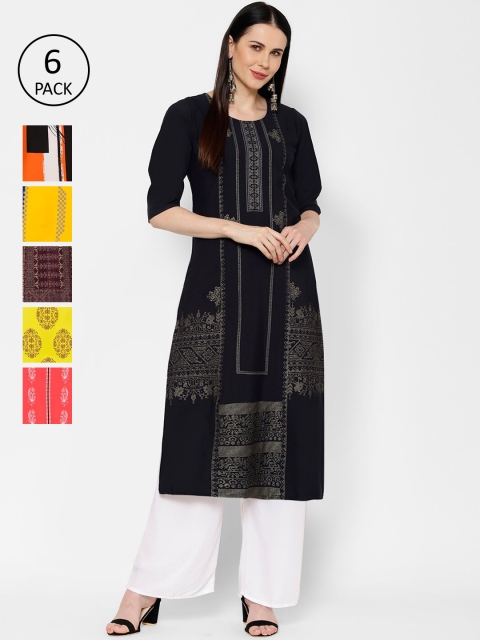 

7Threads Women Pack Of 6 Multicoloured Printed Straight Kurtas, Multi