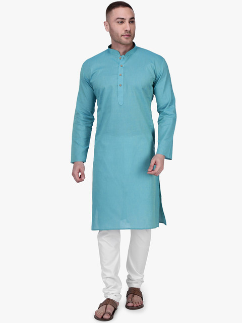 

RAJUBHAI HARGOVINDAS Men Turquoise Blue & White Solid Kurta with Churidar