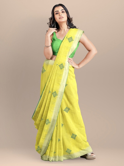 

BharatSthali Yellow & Green Pure Linen Woven Design Bhagalpuri Handloom Saree