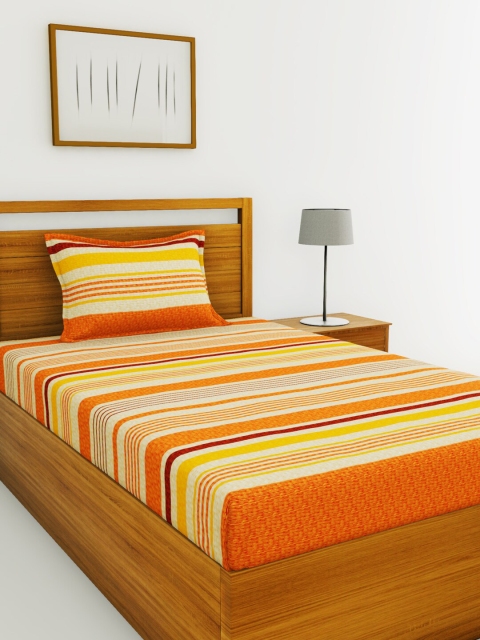 

BIANCA Orange & Yellow Striped 110 TC Cotton Single Bedsheet With 1 Pillow Cover