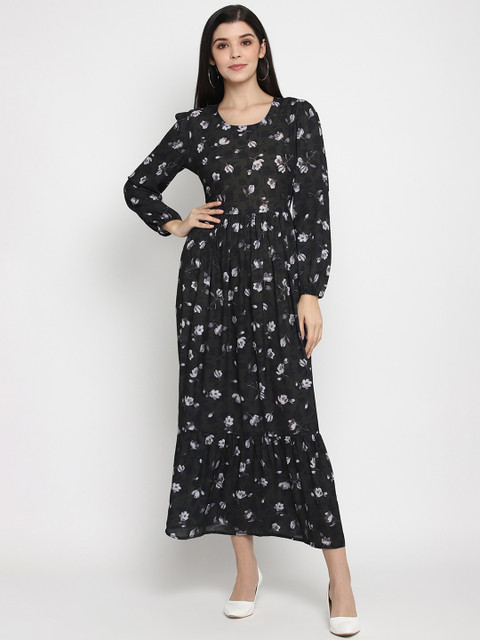 

The Vanca Women Olive Green Printed Maxi Dress