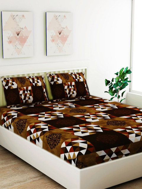 

Salona Bichona Brown & White Printed 120 TC Double King Bedsheet With 2 Pillow Covers
