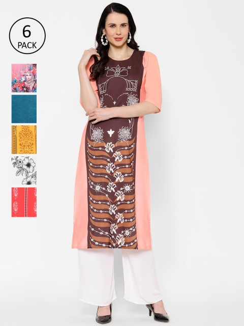 

7Threads Women Pack Of 6 Multicoloured Printed Straight Kurtas, Multi