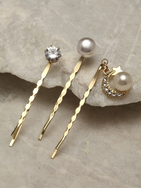 

Ferosh Set Of 3 Gold-Toned & White Embellished Bobby Pins