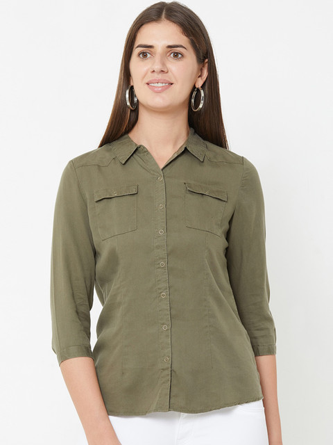 

Kraus Jeans Women Olive Green Regular Fit Solid Casual Shirt