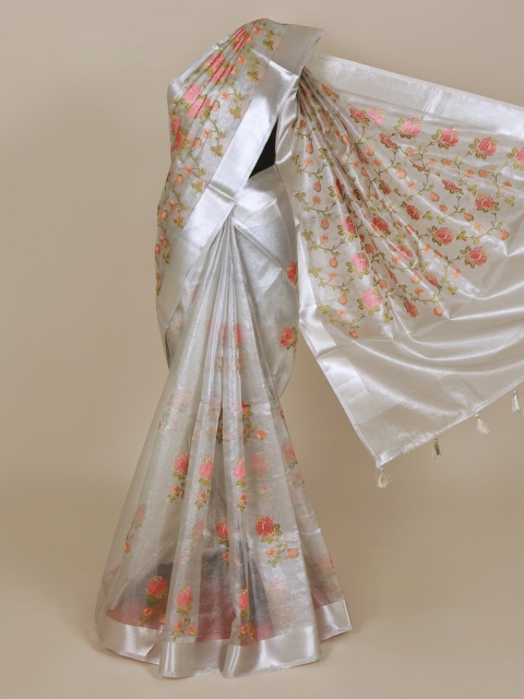 

Pothys Silver-Toned & Pink Polycotton Embroidered Saree