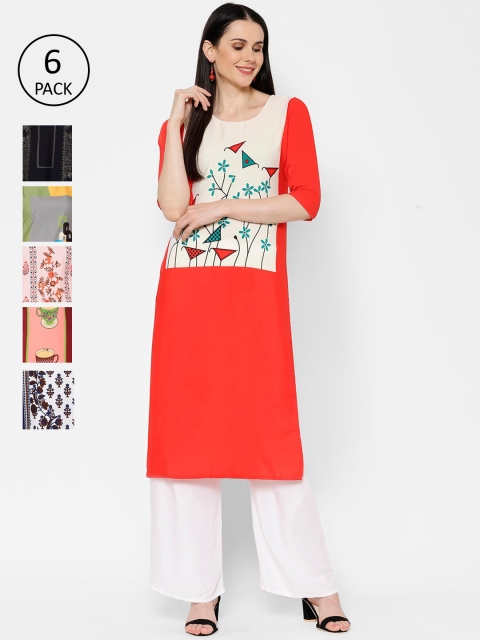 

7Threads Women Pack Of 6 Multicoloured Printed Straight Kurtas, Multi