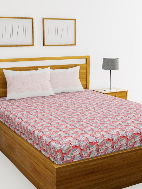 

BIANCA Peach-Coloured & Blue Floral Printed 144 TC Double XL Bedsheet With 2 Pillow Covers