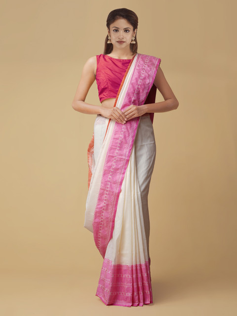 

Unnati Silks White & Pink Pure Linen Woven Design Jamdani Saree