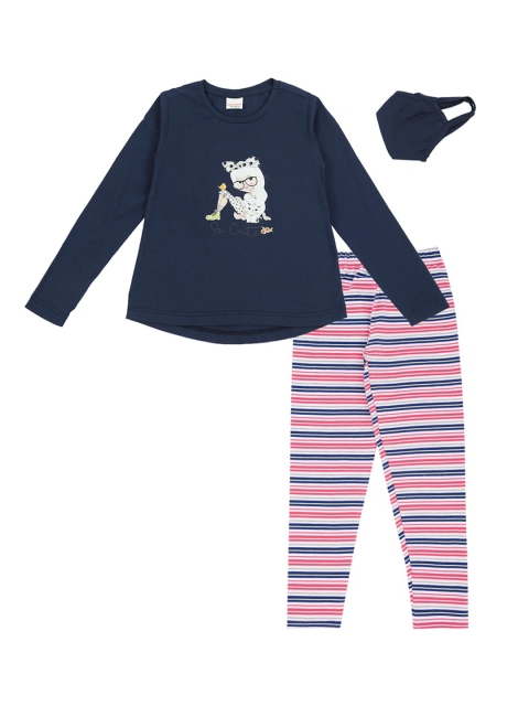 

RAINE AND JAINE Girls Navy Blue & Pink Striped Clothing Set With Face Mask