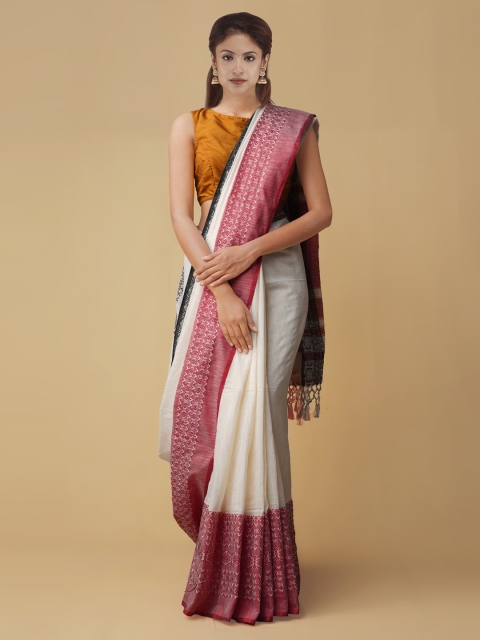 

Unnati Silks Cream-Coloured & Red Pure Linen Solid Jamdani Saree
