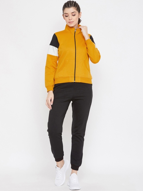 Bishop Cotton Women Mustard Yellow & Black Colourblocked Tracksuit