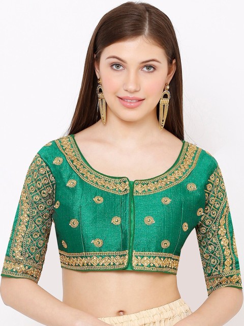

SALWAR STUDIO Women Green & Gold-Toned Embroidered Silk Readymade Saree Blouse