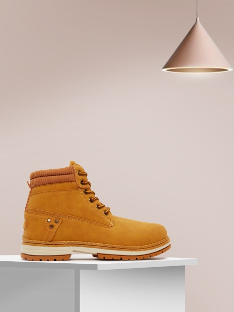 

shoexpress Women Camel Brown Solid PU Mid-Top Flat Boots