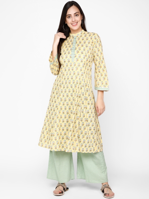 

Molcha Women Yellow & Green Printed Cotton Kurta with Palazzos