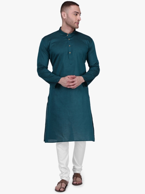 

RAJUBHAI HARGOVINDAS Men Teal Blue & White Solid Kurta with Churidar