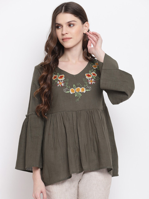 

Mayra Women Olive Green Embroidered A-Line Pure Cotton Top