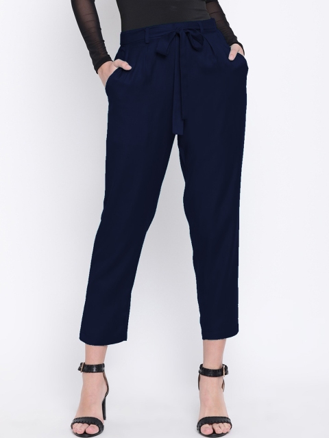 

CHROME & CORAL Women Navy Blue Slim Fit Solid Peg Trousers