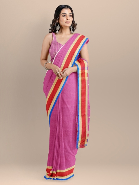 

BharatSthali Pink Pure Linen Solid Bhagalpuri Handloom Sustainable Saree