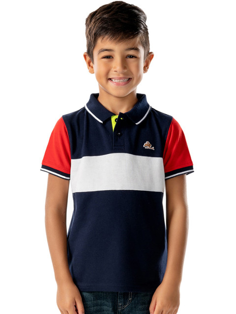

Cherry Crumble Boys Navy Blue & Grey Colourblocked Polo Collar T-shirt
