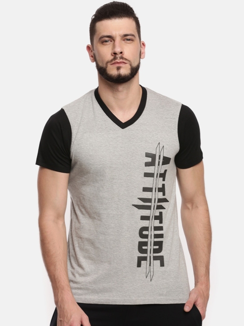 ATTIITUDE Men Grey Melange Printed V-Neck T-shirt