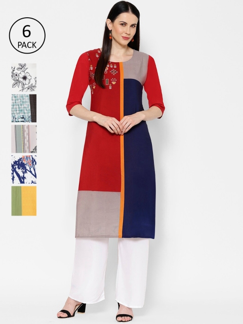 

7Threads Women Pack Of 6 Multicoloured Printed Straight Kurtas, Multi