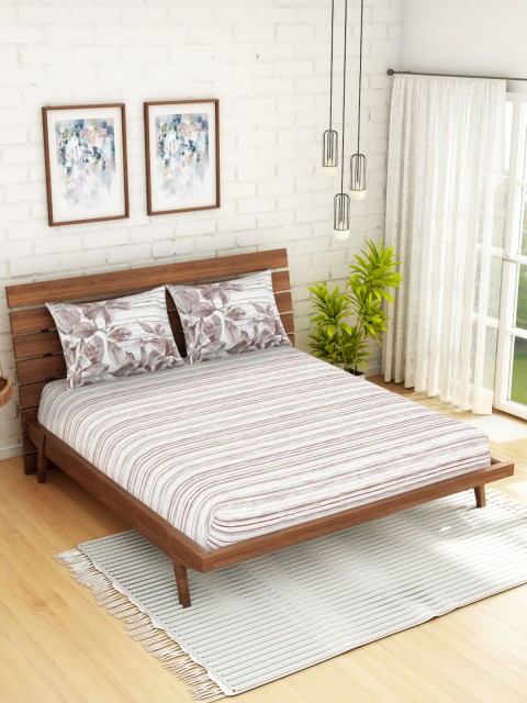 

SPACES Brown & White Striped 144 TC Cotton 1 Queen Bedsheet With Floral Printed 2 Pillow Covers