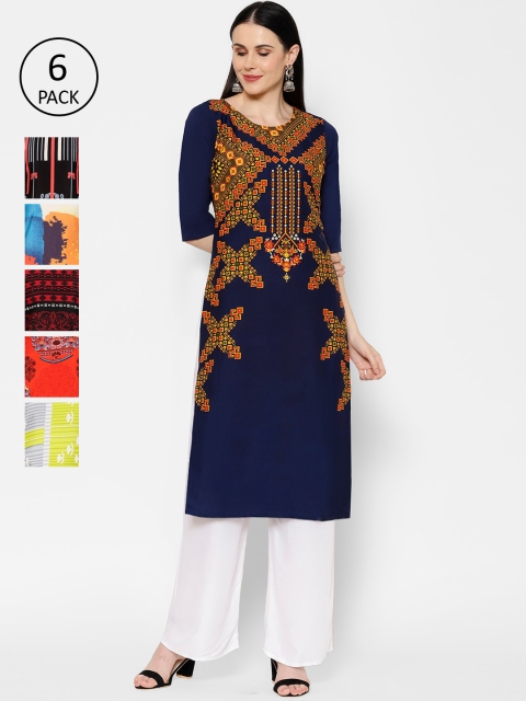 

7Threads Women Pack Of 6 Multicoloured Printed Straight Kurtas, Multi