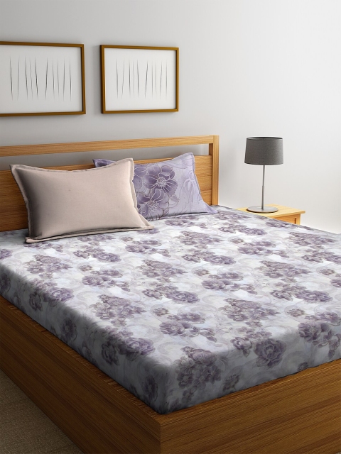 

BOMBAY DYEING Purple & White Floral Printed Double King Bedsheet With 4 Pillow Cover Set