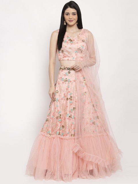 

KHALOM Women Peach-Coloured & Blue Flower Embroidered Sustainable Ready to Wear Lehenga with Blouse & Dupatta