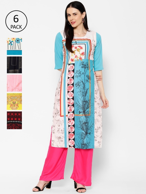 

7Threads Women Pack Of 6 Multicoloured Printed Straight Kurtas, Multi