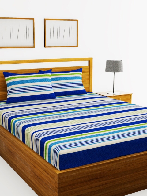 

BIANCA Blue & White Striped 110 TC Cotton 1 Extra Large Bedsheet with 2 Pillow Covers