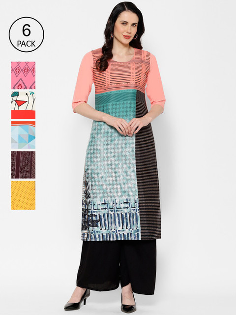 

7Threads Women Pack Of 6 Printed Straight Kurtas, Multi