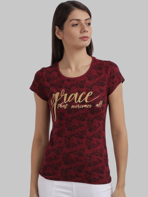 

Parx Women Red Printed Round Neck T-shirt