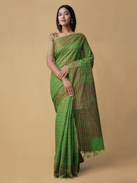 

Unnati Silks Green & Pink Pure Cotton Checked Mysore Silk Saree