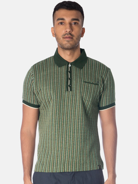 

Smugglerz Men Green Striped Polo Collar T-shirt