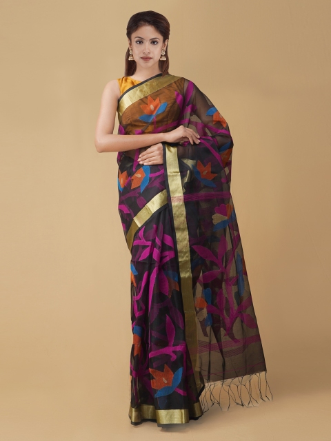 

Unnati Silks Black & Pink Silk Cotton Woven Design Maheshwari Saree