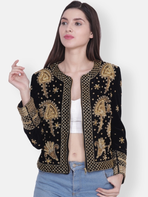 

Diwaah Women Black Golden Embellished Velvet Tailored Jacket