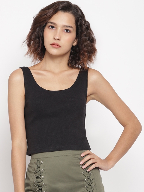

LA LOFT Women Black Solid Fitted Crop Pure Cotton Top