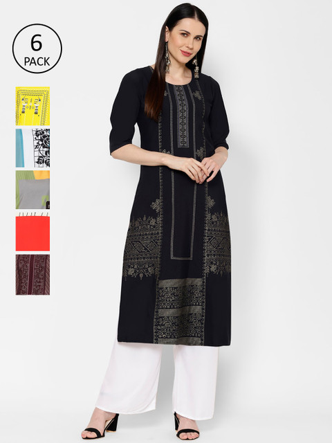 

7Threads Women Pack Of 6 Multicoloured Printed Straight Kurtas, Multi