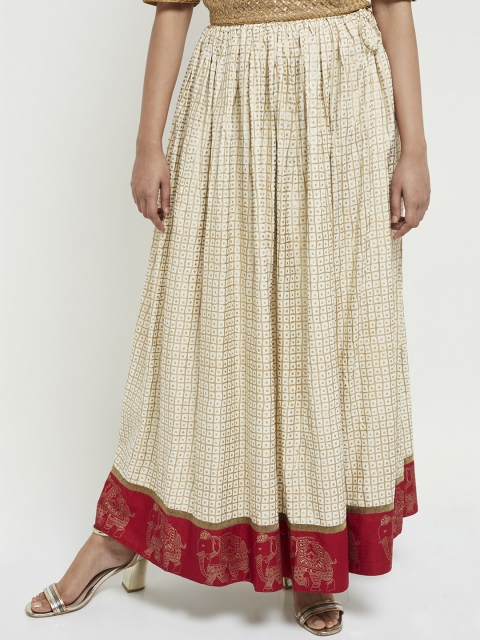 

max Women White & Gold-Coloured Checked Flared Maxi Skirt