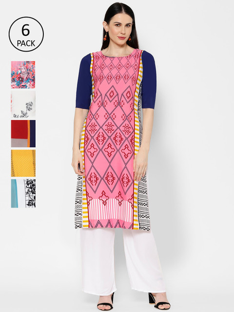 

7Threads Women Pack Of 6 Printed A-Line Kurtas, Multi