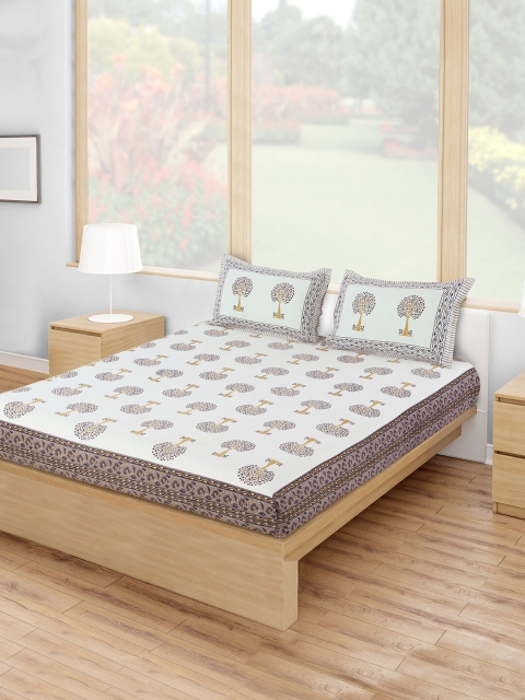 

Salona Bichona White & Grey Printed 120 TC Cotton Double Queen Bedsheet With 2 Pillow Covers