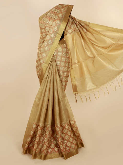

Pothys Gold-Toned & Off-White Polycotton Woven Design Saree