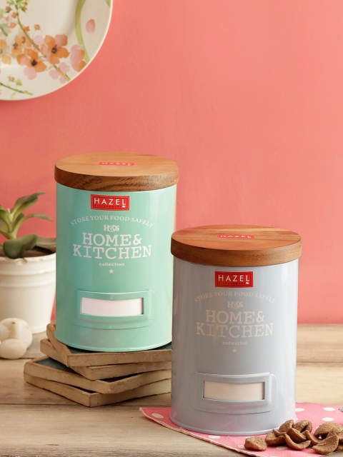 

HAZEL Set of 2 Blue & Green Sugar/Tea Storage Canister Containers With Wooden Lid